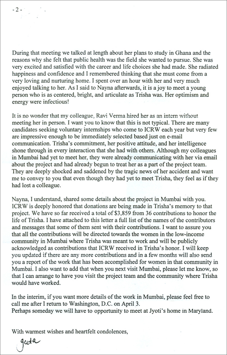 Letter from Geeta Rao Gupta