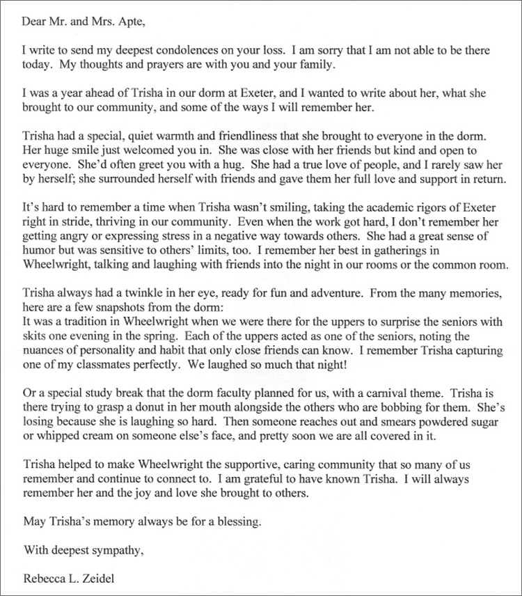 Letter from Rebecca Zeidel